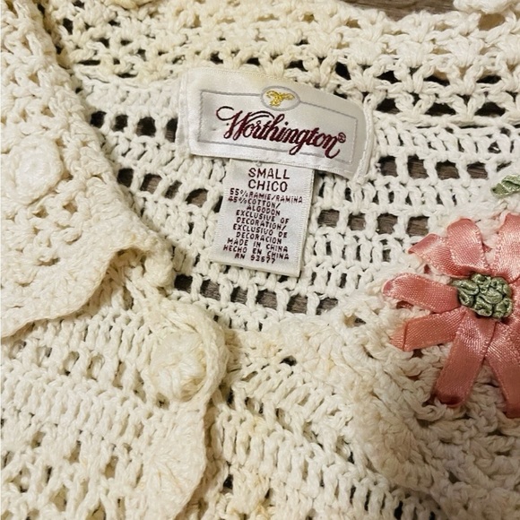 Vintage Crochet Shirt - Cream with Pink Floral Accents - Picture 2 of 6